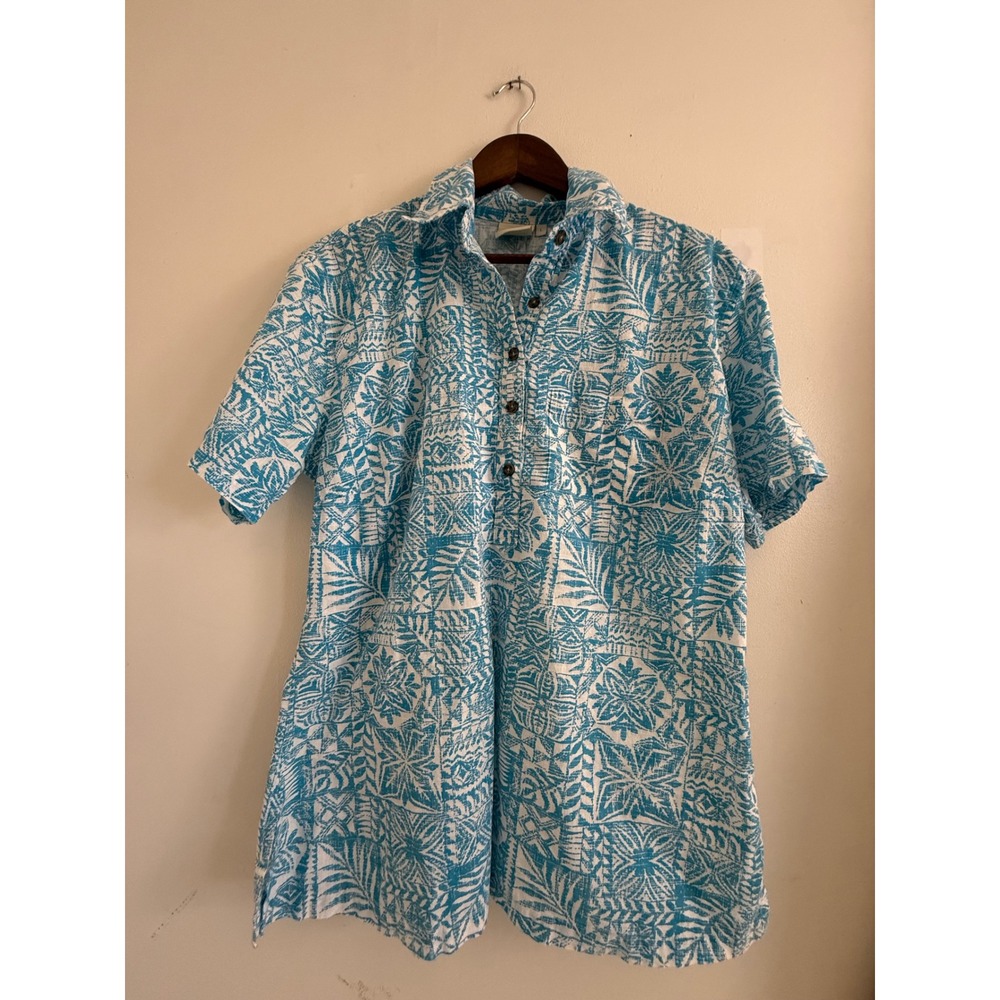 Go Barefoot Hawaiian Shirt Womens Large Blue White Cotton Tropical Batik Popover